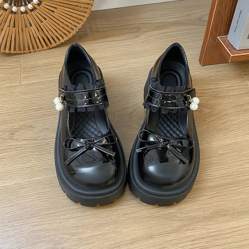 Sweet Bowknot Lace Strap Platform Mary Jane Shoes Women Korean Patent Leather Jk Lolita Shoes Woman 2025 Thick Heel Pumps Female