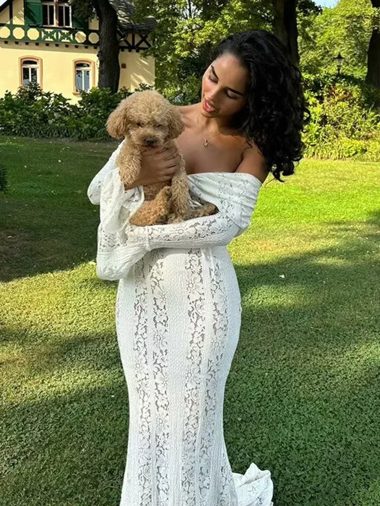 Off Shoulder White Lace Party Dress Flare Sleeve Bowknot Party Maxi Dress Sexy Elegant Summer Bodycon Vestidos Embroidery Robe