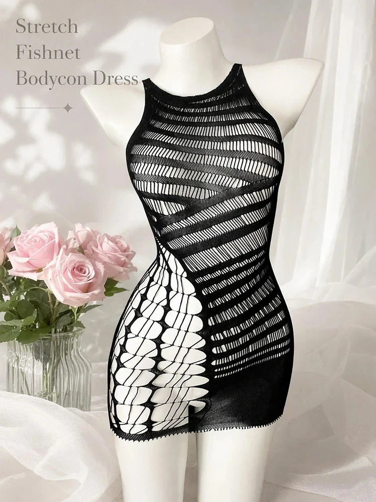 Women Sheer Mesh Long Sleeve Beach Cover Up, Sexy See-Through Fishnet Dress, Solid Bodycon  For Summer Beach Party