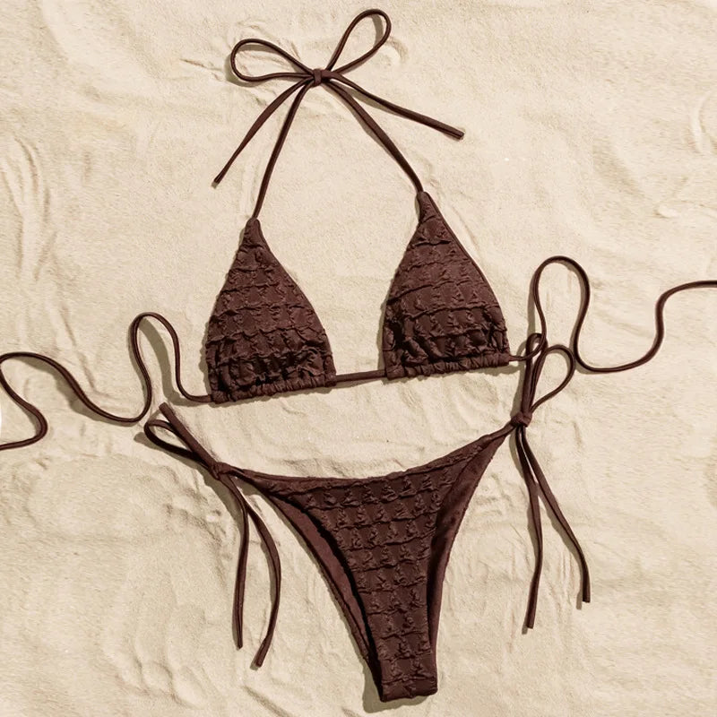 Sexy Coffee Wrinkled String Halter Bikinis Sets Two Pieces Tie Thong Swimsuit Bathing Suit Swimwear Biquini Bakini Tankini