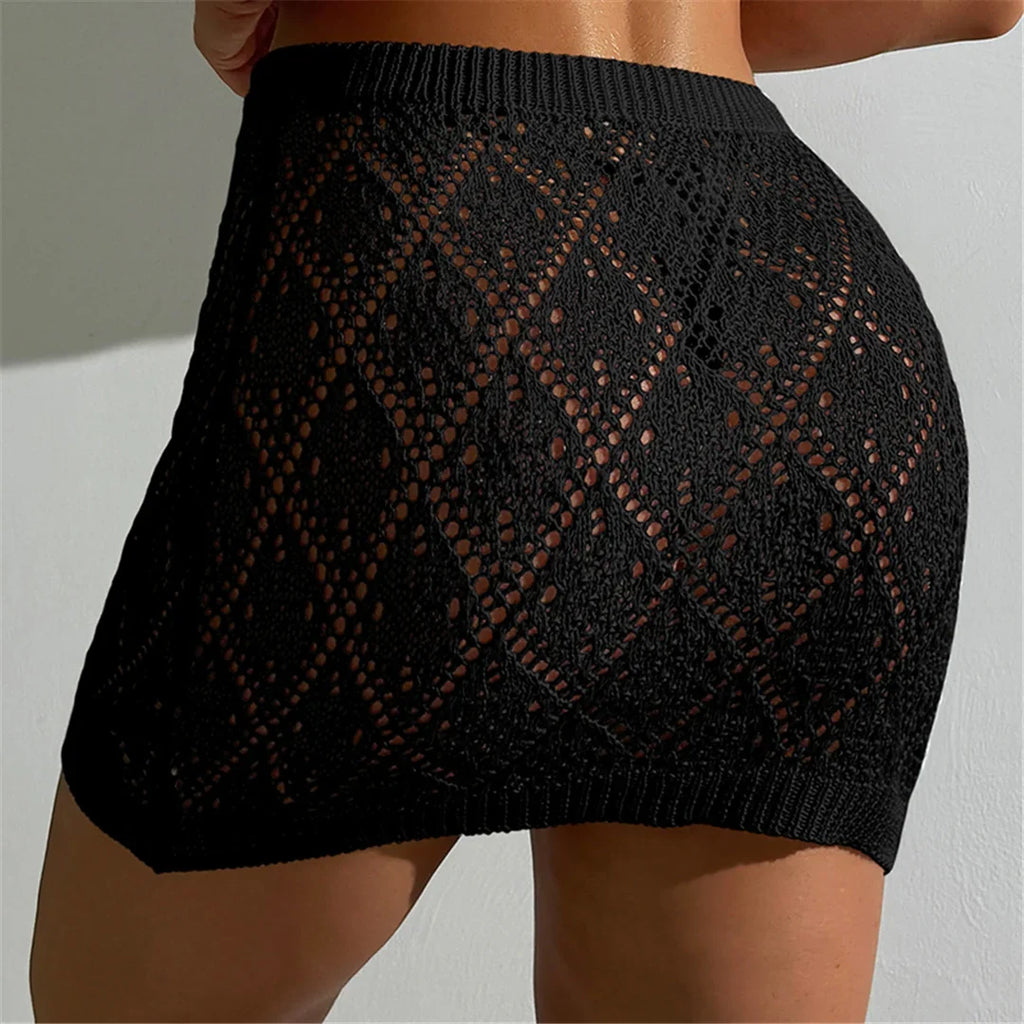 Sexy Hollow Out Crochet Knitted Tunic Beach Cover Up Cover-ups Beach Dress Beach Wear Beachwear Mini Skirt Female Women K6587