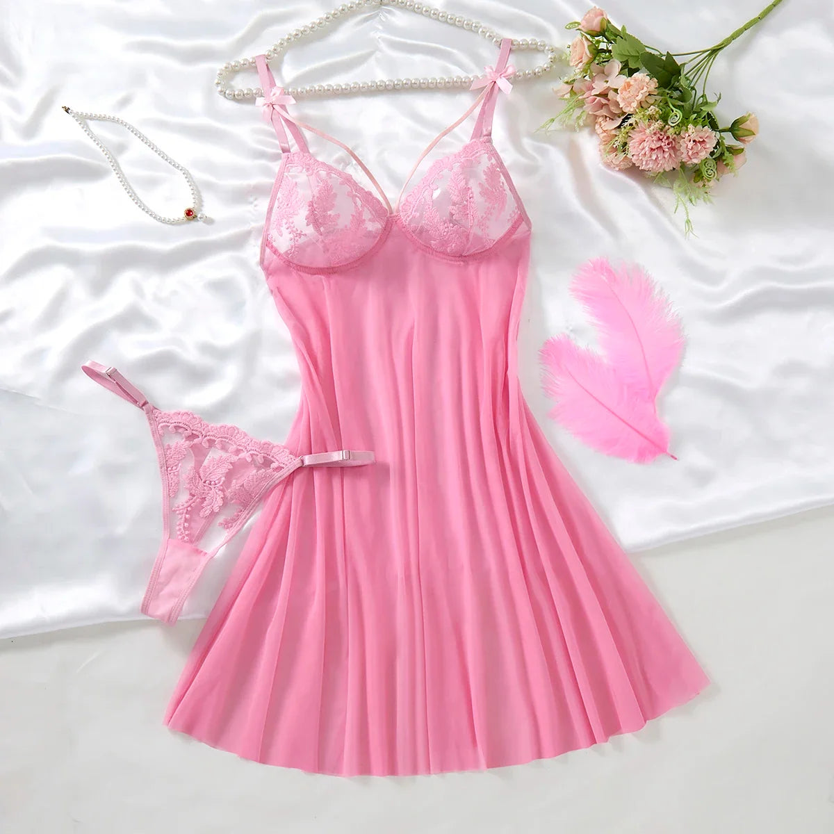 Pink Sexy Women's Underwear: Laceless Panties with Cutouts, Sexy Halter Dresses, Female Erotic Wear, Naughty Pajamas ZA825066