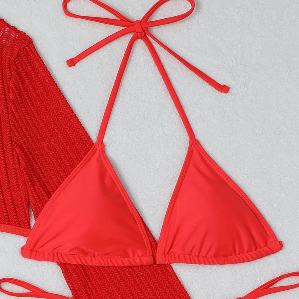 With Long Sleeve Cover Up Halter Bikini Women Swimwear Female Swimsuit Three-pieces Bikini set Bather Bathing Suit Swim V5123