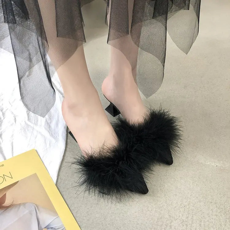 Women's Half Slippers New Summer Sexy Pointed Temperament High-heeled Slippers Female Fashion Furry High Heels Solid Slides
