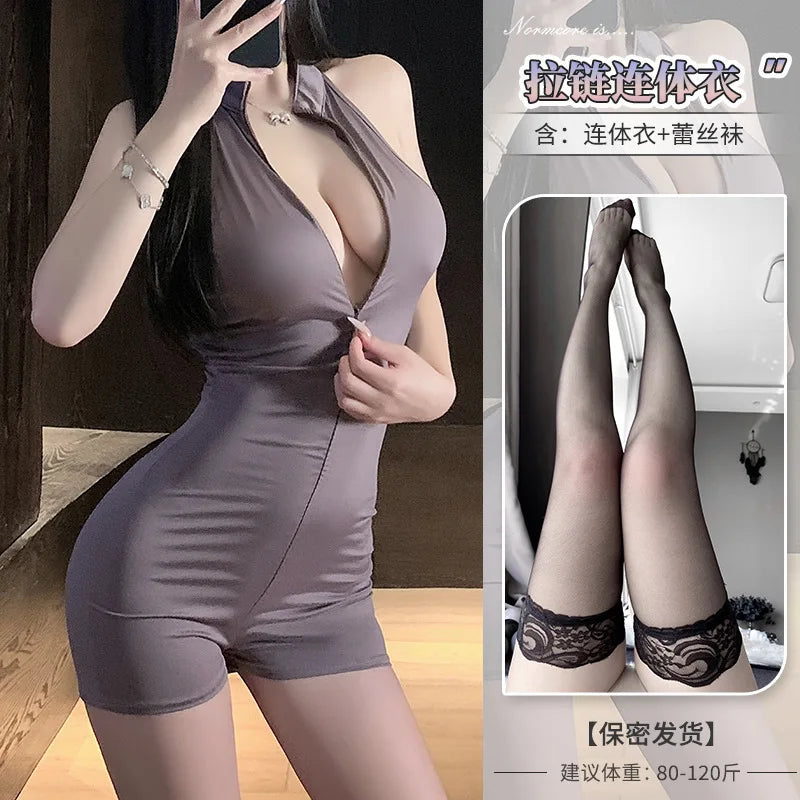 Sexy Schoolgirl Two-way Zipper Open Chest Crotch Bodysuits Deep V Suspenders Sleeveless Bodysuits Charming Thin Casual Hot 15T6
