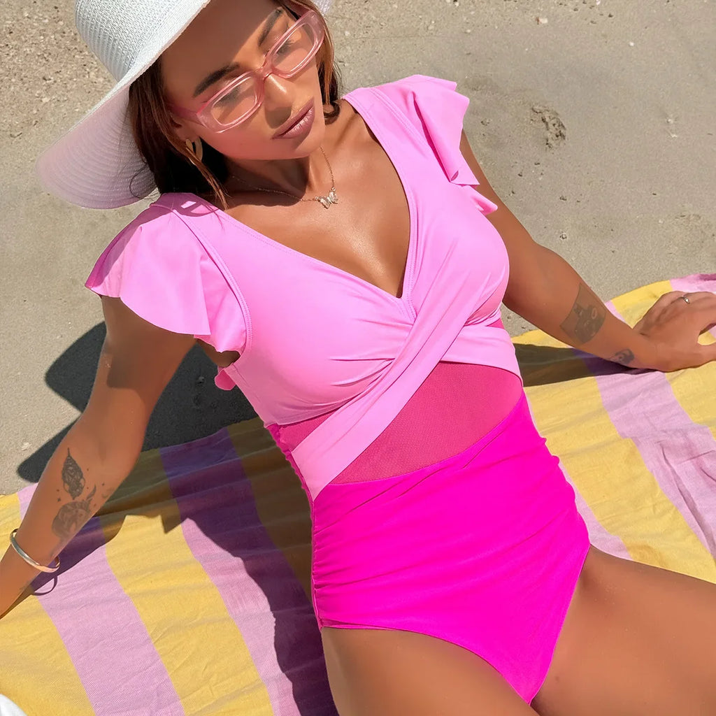 2026 Solid Women's Swimsuit Trend Tummy Control V Neck Sexy Black Bikini Ruched Bathing Suits Slim Fit Ruffle Sleeve Swimwear