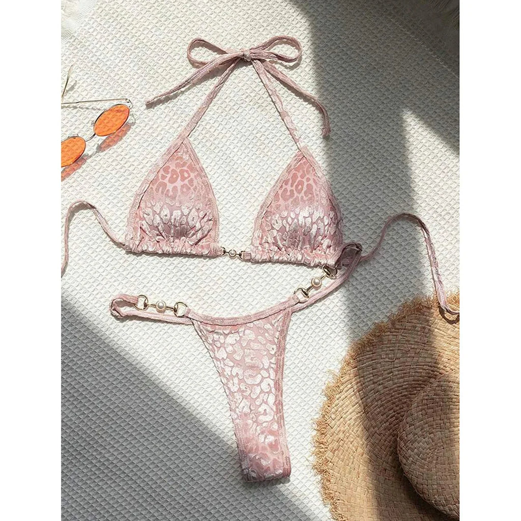 S - XL Leopard Pearl Mini Micro Thong Bikini Female Swimsuit Women Swimwear Two-Piece Bikini Set Bather Bathing Suit Swim V5207B