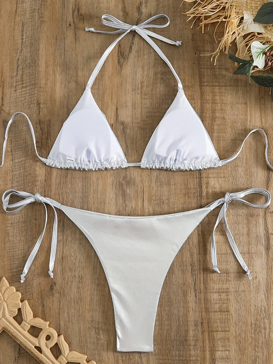 Sexy Shiny Pu Faux Leather Bikini 2025 Women Swimwear Female Swimsuit Two-pieces Bikini set String Bather Bathing Suit Swim Lady