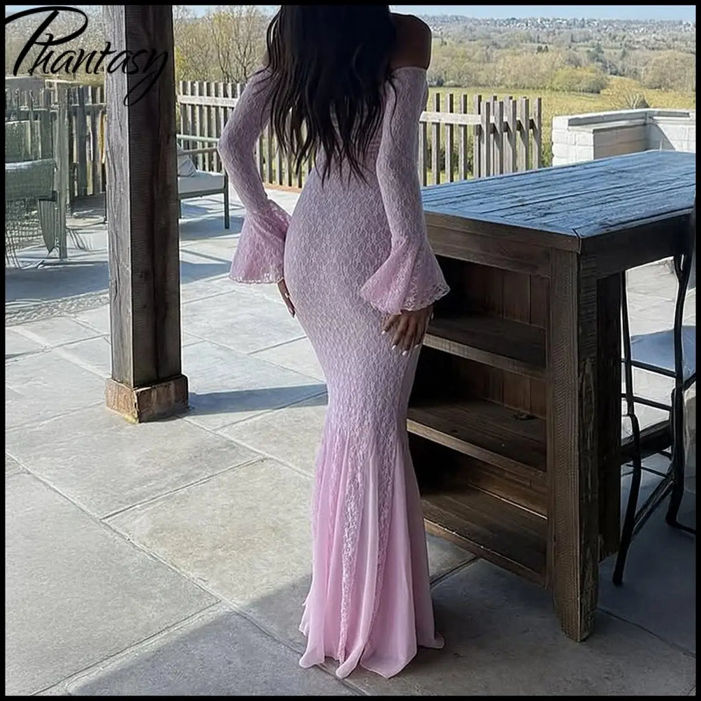 Elegant French Style Pink Long Dress Women Lace Long Sleeved Dress Evening Gown Party Wedding Dress up Lady Spring Summer Outfit
