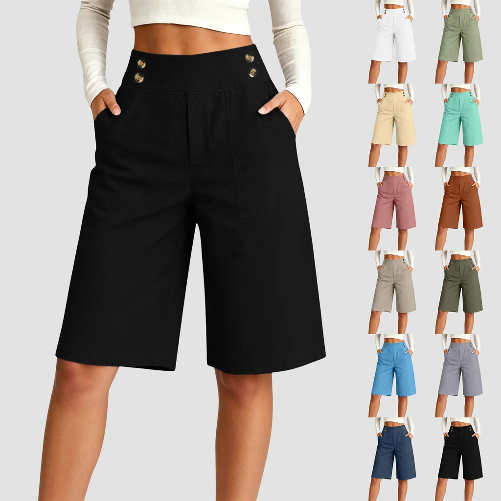Women's High Waist Cotton Linen Bermuda Shorts Double Breasted Wide Leg Casual Shorts With Pockets Loose Fit Office Summer Short