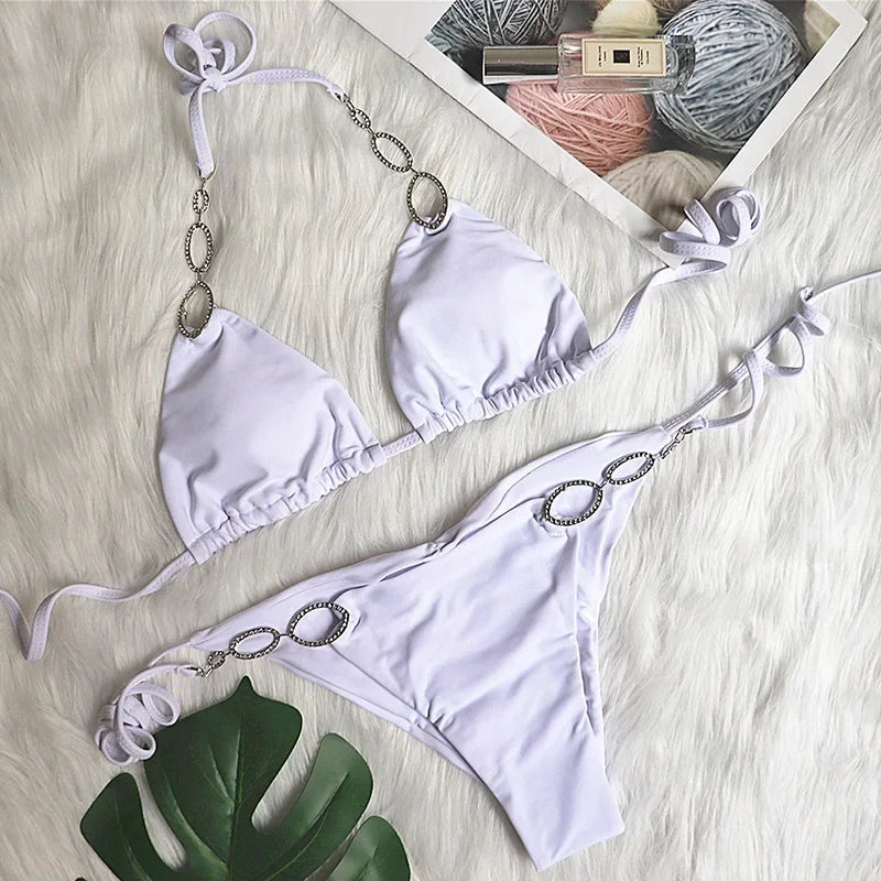 Halter Metal Chains Diamond Bikini Women Swimsuit Female Brazilan Swimwear Two Pieces Bikini Set High Cut Bathing Suit Swim Lady