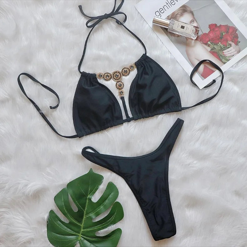 Bikini 2026 Sexy Bohemia Crystal Diamond Rhinestone Hollow Swimwear Swimsuit Women Solid Bikinis Set Bathing Suit Bikini Luxe