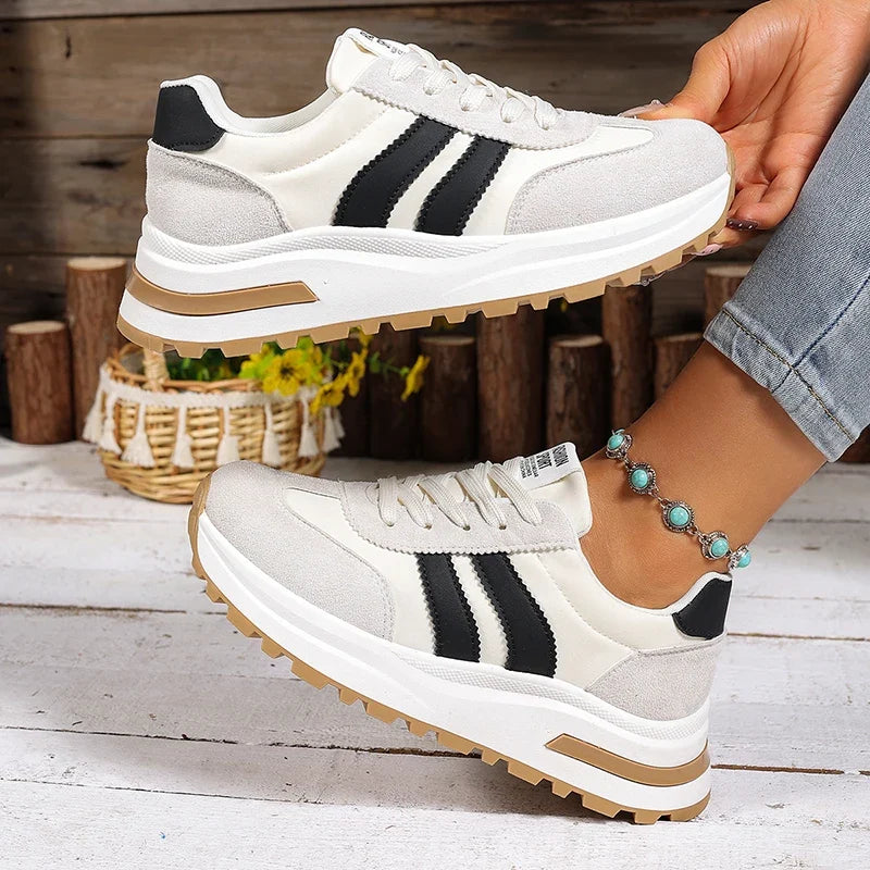 Fashion Stripe Thick Bottom Sneakers Women 2026 Autumn Platform Lace Up Sport Shoes Woman Anti Slip Thick Sole Running Shoes