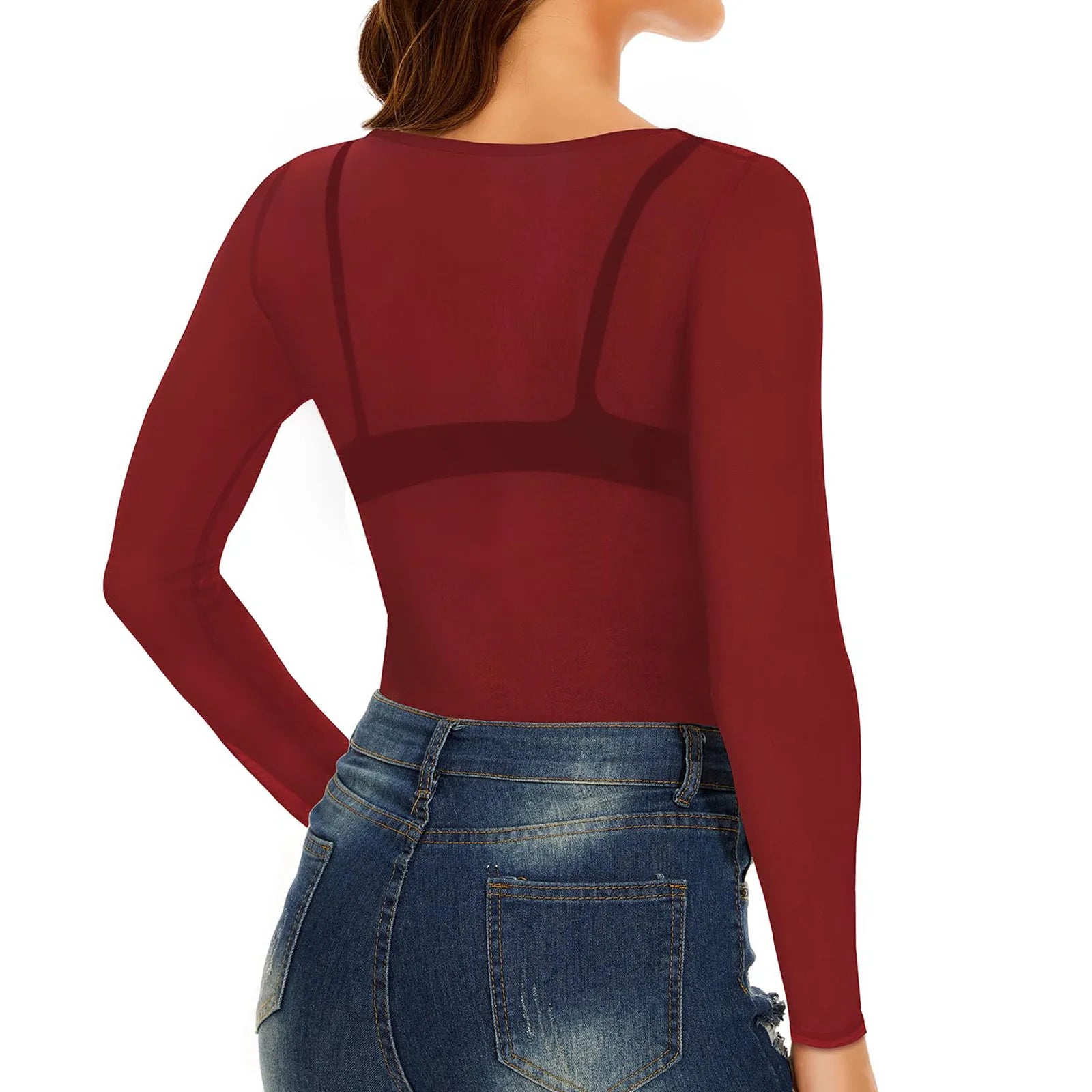 Sexy Women T Shirt See Through Transparent Mesh Tees Long Sleeve Sheer Slim Ladies Solid Round Neck Skinny T-Shirt Lace Crop Top
