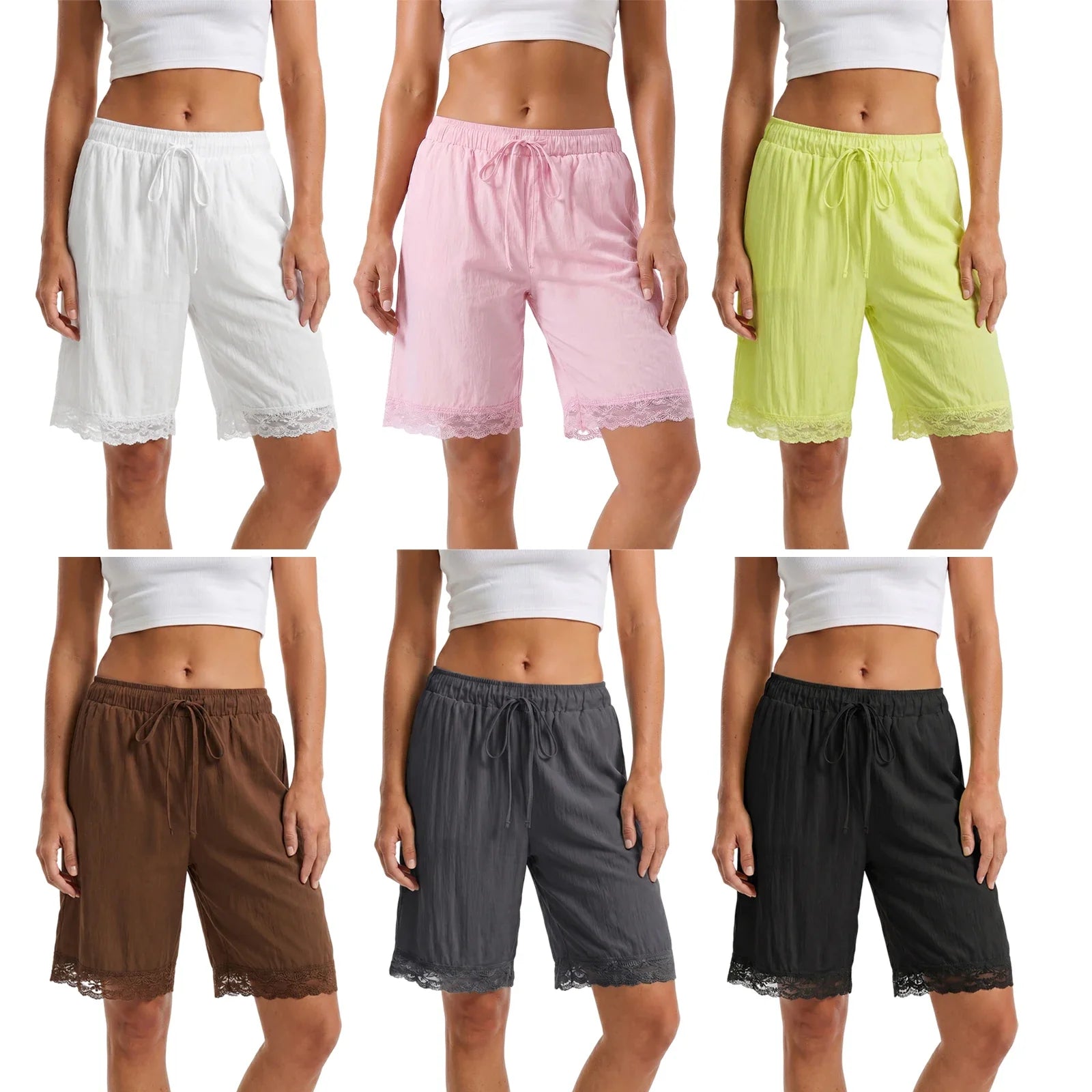 Fashion Women's Loose Shorts Drawstring Elastic Waist Lace Trim Wide Leg Mid Pants Summer Casual Lounge Out Going Shorts