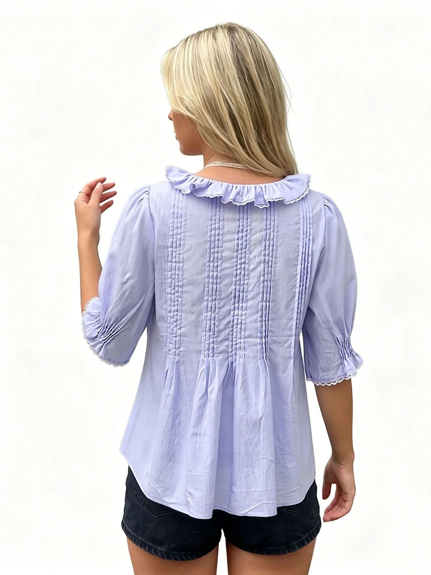 Women's Summer Blouse Solid Color Ruffle Flounce V Neck Short Sleeve Button Down Tops Casual Loose Shirts