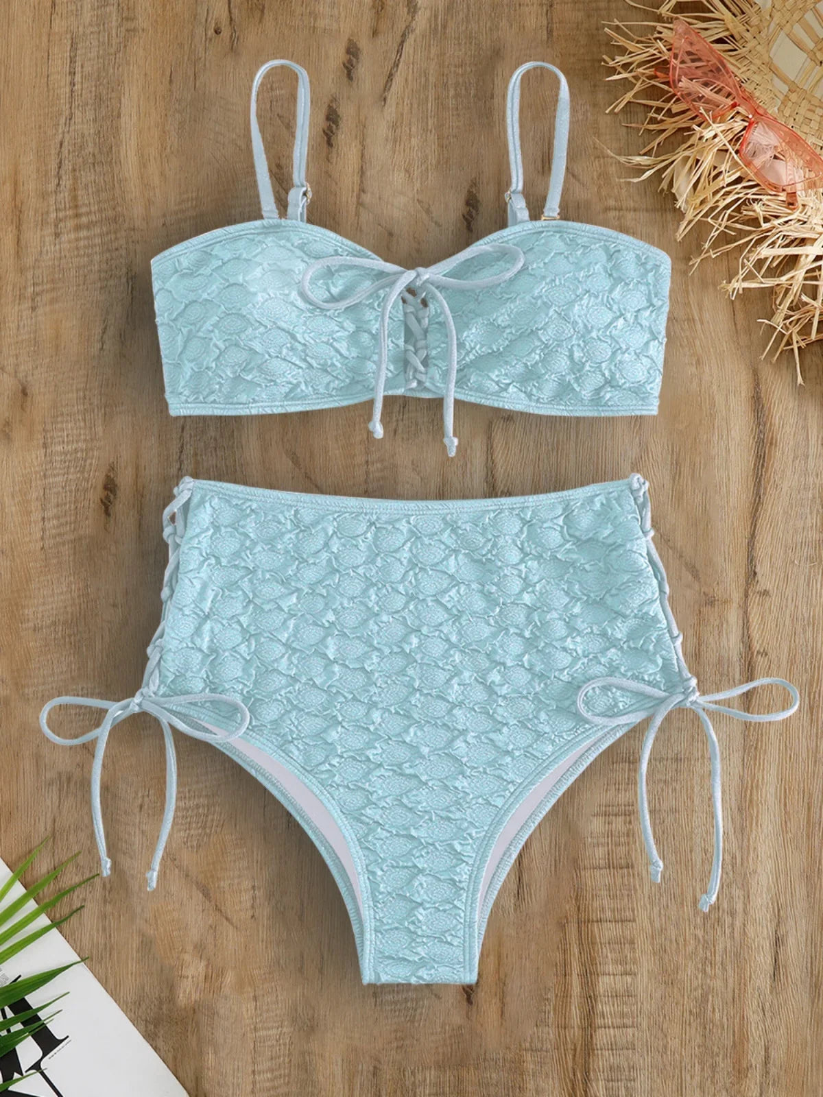 Sexy Drawstring Side High Waist Bikini Set 2025 Women Solid White Hole Out Push Up Swimsuit Beach Bathing Suit Holiday Swimwear