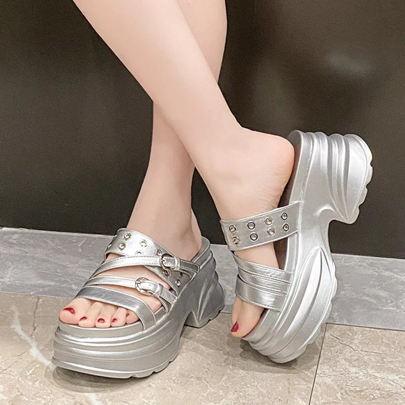 Summer Silver Chunky Platform Sandals Women Fashion Buckle Thick Bottom Slippers Woman Punk Wedges High Heels Sandalias Mujer