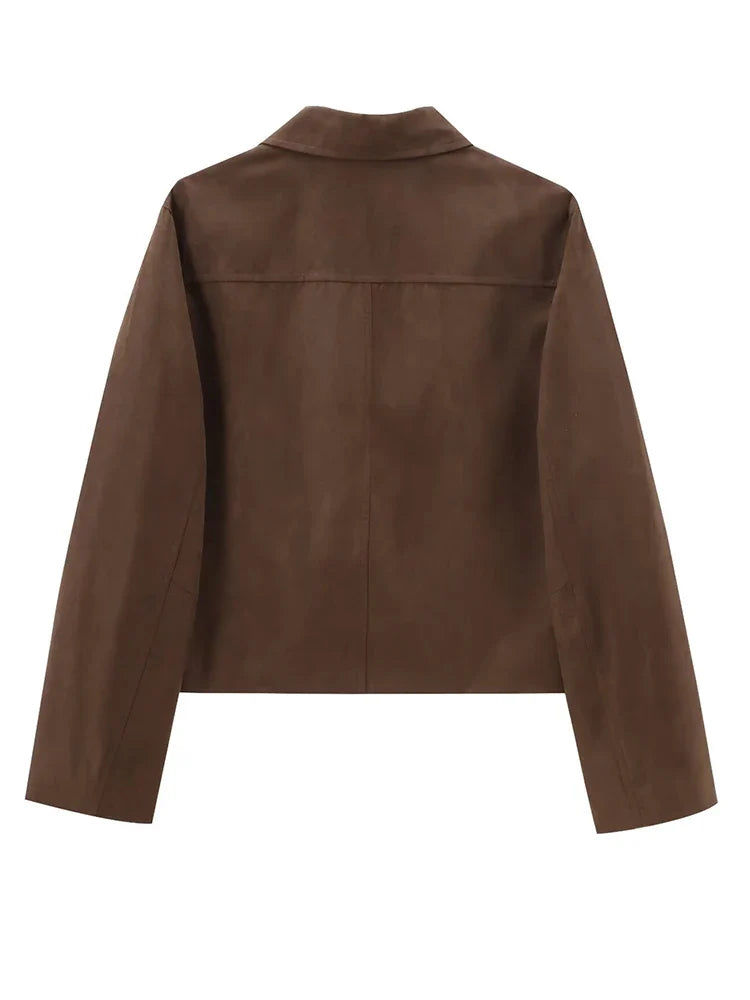 Foridol Buttons Brown Suede Jacket Autumn for Women Pockets Casual Turn Down Collar Short Jacket Femme Veste Chic New Coat