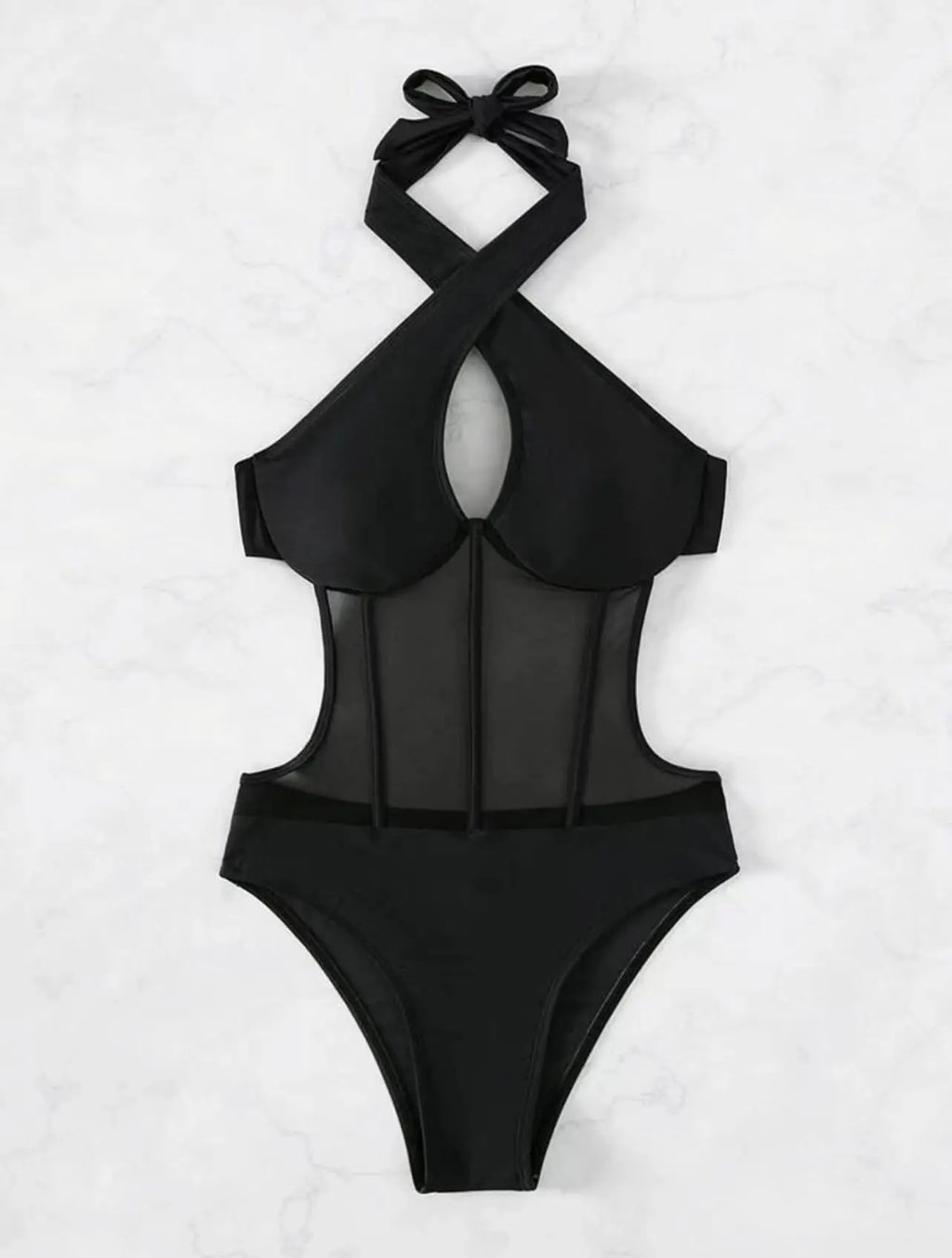 One Piece Bikini Women 2026 Grenadine Solid black Cross Bandage Hollow Out Swimwear Beach Backless Bathing Suit Monokini