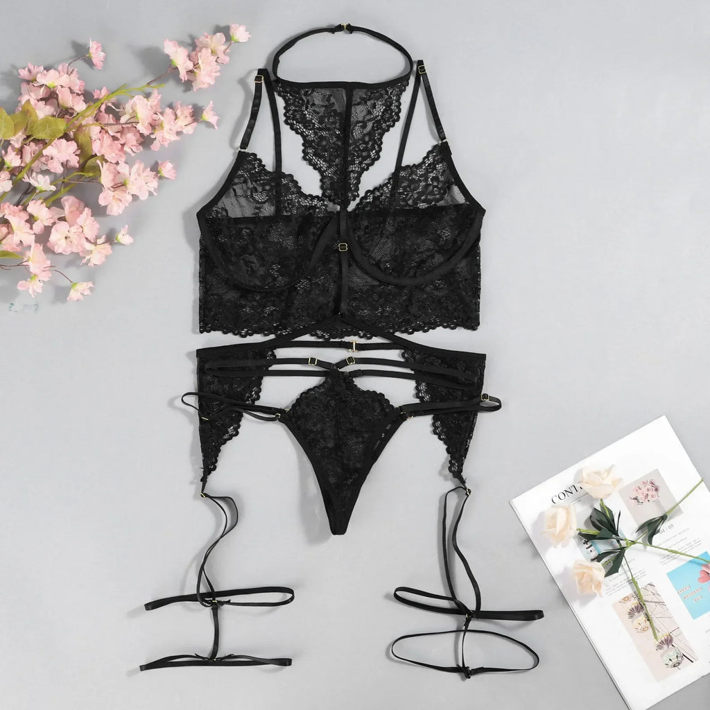 Porn Women Sexy Lingerie Lace Underwear Halter Bodysuit Garter Intimate Erotic Babydolls Sex Costumes Bra Set