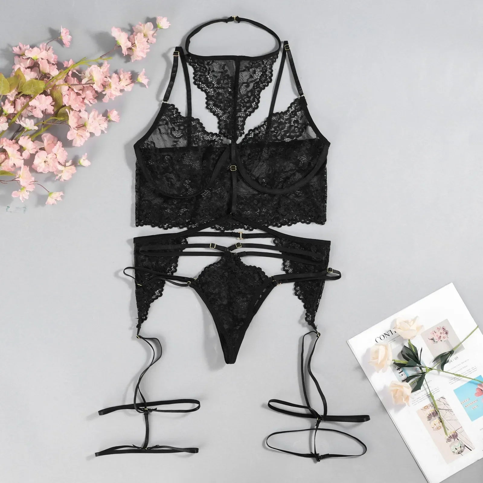 Porn Women Sexy Lingerie Lace Underwear Halter Bodysuit Garter Intimate Erotic Babydolls Sex Costumes Bra Set
