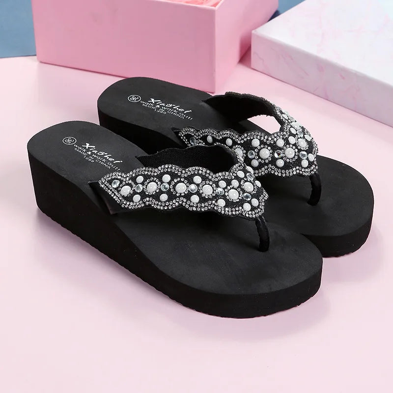 2025 Women Beach Flip Flops Summer Wedges Shoes Bling Rhinestone Soft EVA Girls Home Street Slippers Mid-heel Fashion Sandals