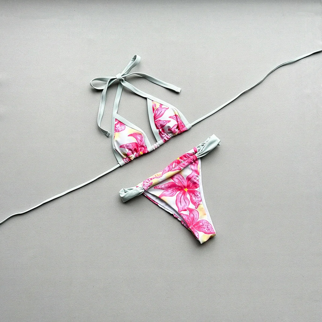 Boho Style Women's Floral Print Swimsuit Sexy Backless Lace-up Swimwear Push Up Thong Bathing Suit Female Bikini Set Beachwear