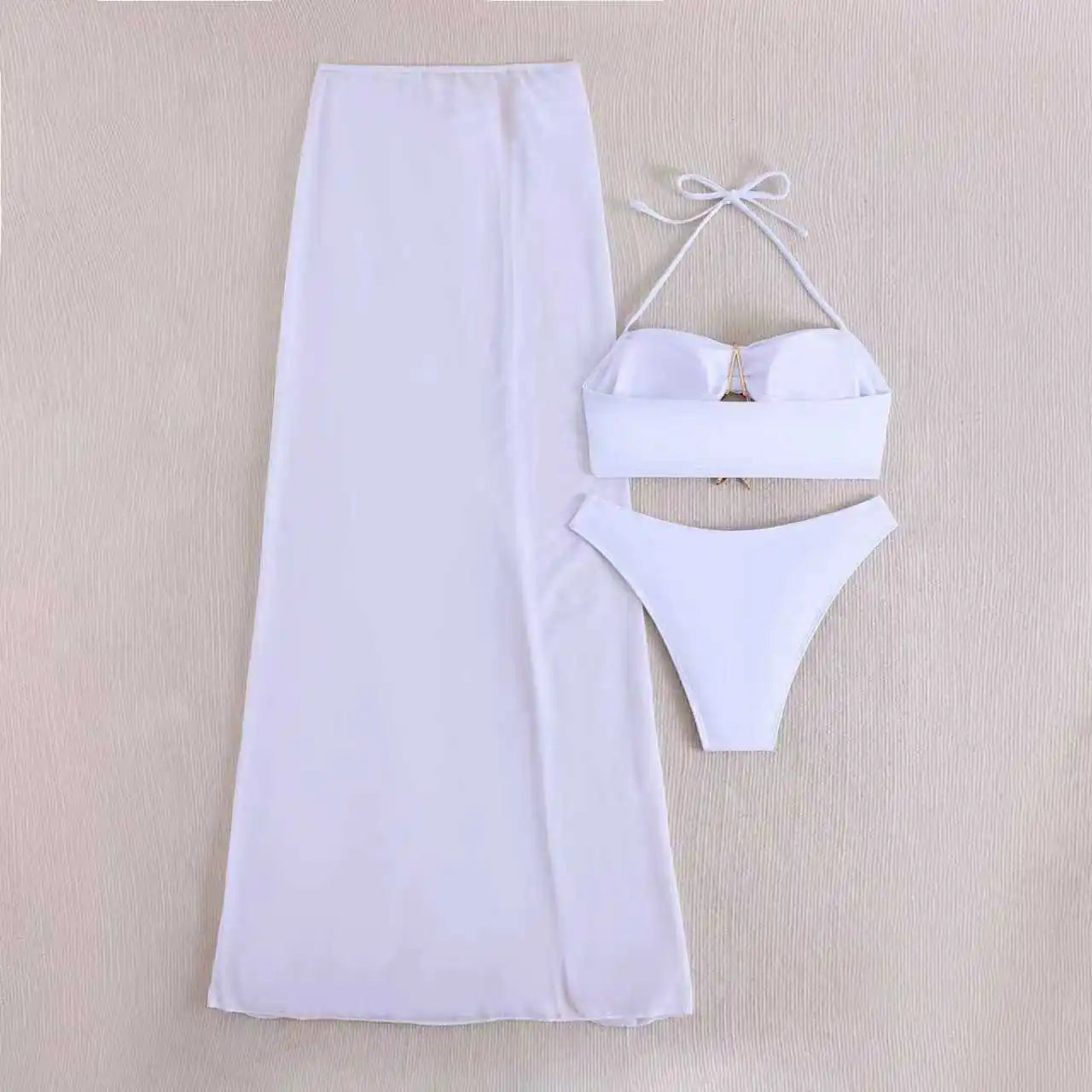 Vintage White Mesh Long Skirt 3 Piece Bikini Set 2026 Swimwear Women Metal Starfish Hollow Out Push Up Bra High Waist Swimsuit