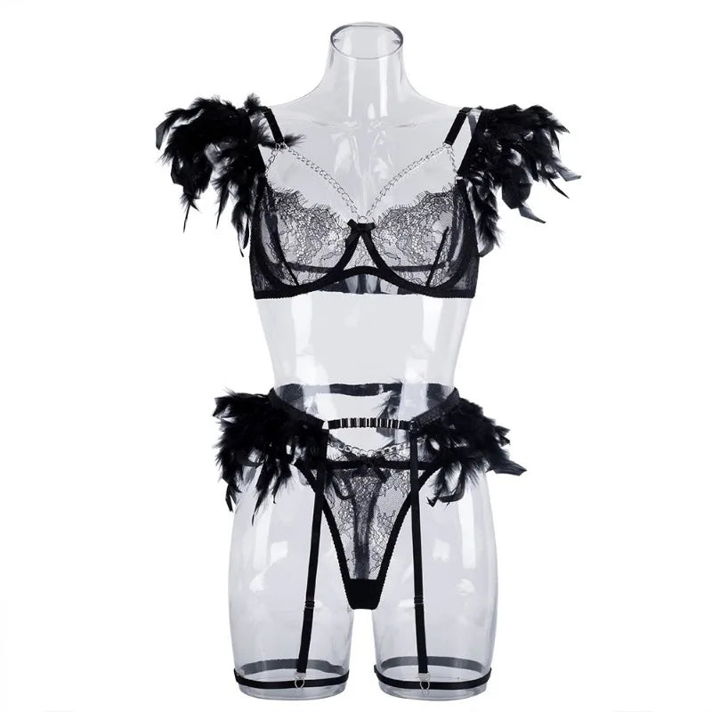 Toucheart 4 Piece Set Fun Lingerie For Women Feather Lace Splicing Chain Sexy Slim Mesh See-Through Sexy Lingerie Garters Suit