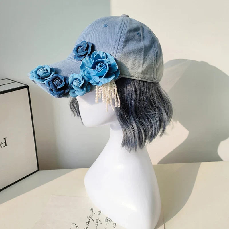 Women 3D Flower Sun Hat Breathable Sun Protection Denim Baseball Hat Holiday Outdoor Travel Cap