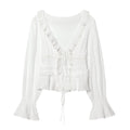Women's Fashion Embroidered Tulle Blouse White Lace Ruffle Trim Tie Front Blouse Sleeve V Neck Casual For Women Daily Wear F4FI