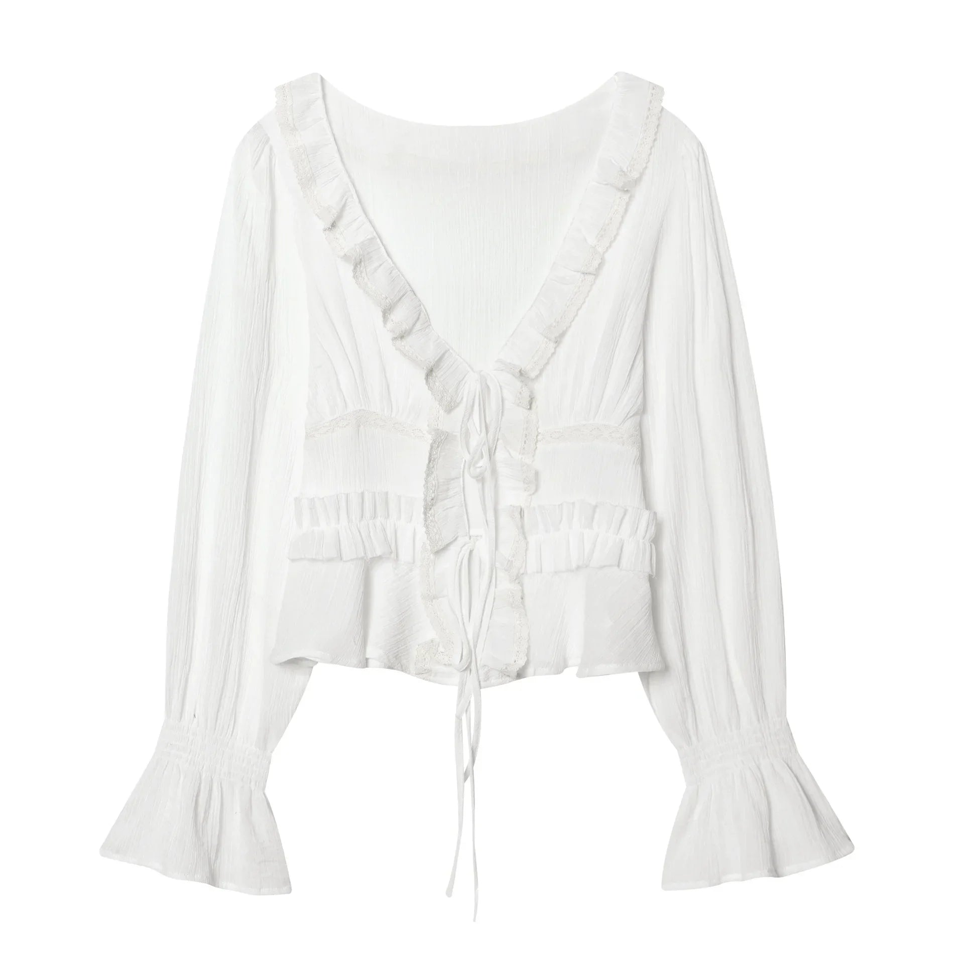 Women's Fashion Embroidered Tulle Blouse White Lace Ruffle Trim Tie Front Blouse Sleeve V Neck Casual For Women Daily Wear F4FI