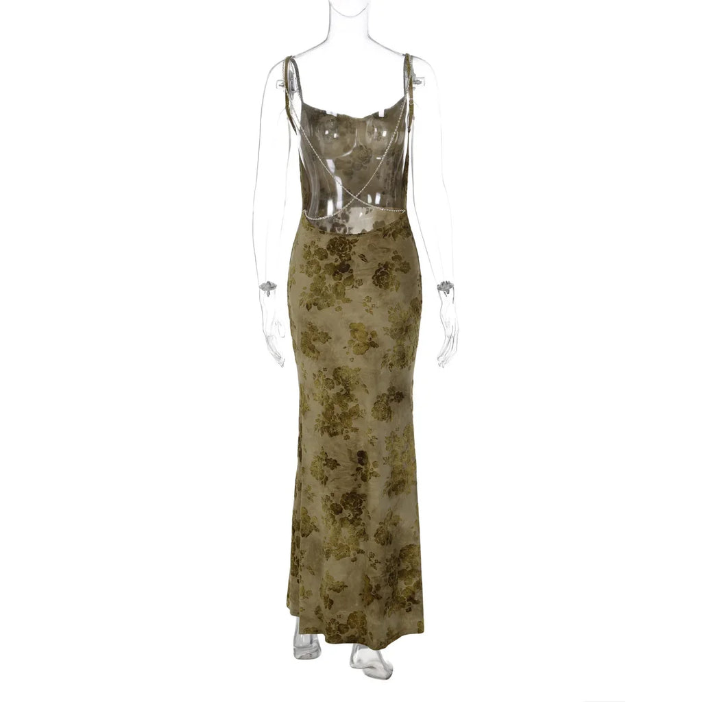 FDYOUI Sexy Elegant Chain Backless Green Floral Evening Dress for Women Sleeveless Bodycon Long Cocktail Dresses Party Club Gown