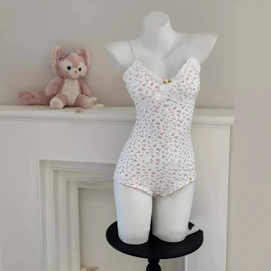 Summer Onesies Women Underwear Sexy Floral Print Bodysuit Lace Trim Sleeveless Slim Fit Jumpsuit Romper Nightwear Lingerie
