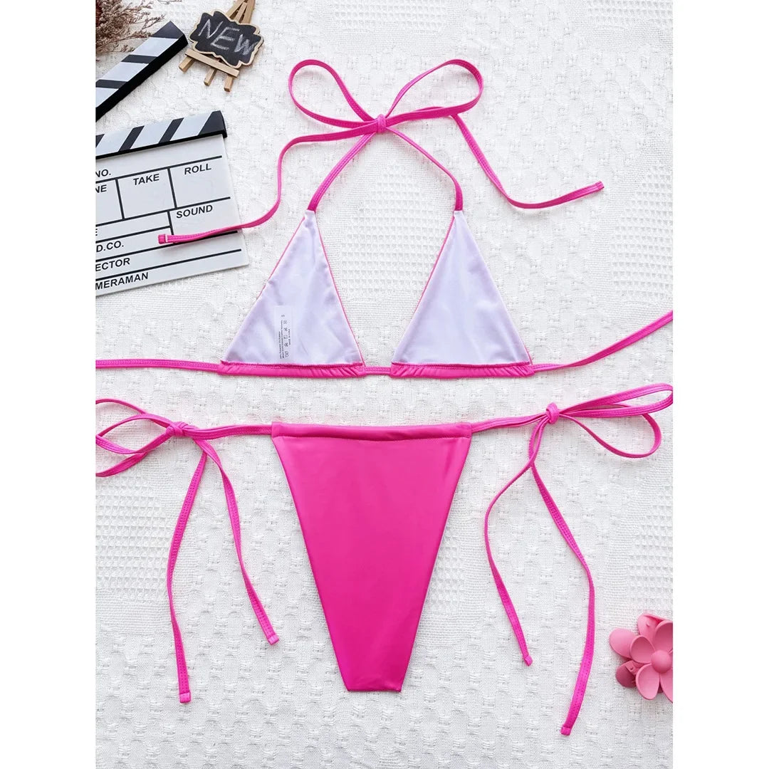 3 Colors New PU Faux Leather Halter Bikini Women Swimwear Female Swimsuit Bather Bathing Suit Swim Two-Pieces Bikini Set V6492B