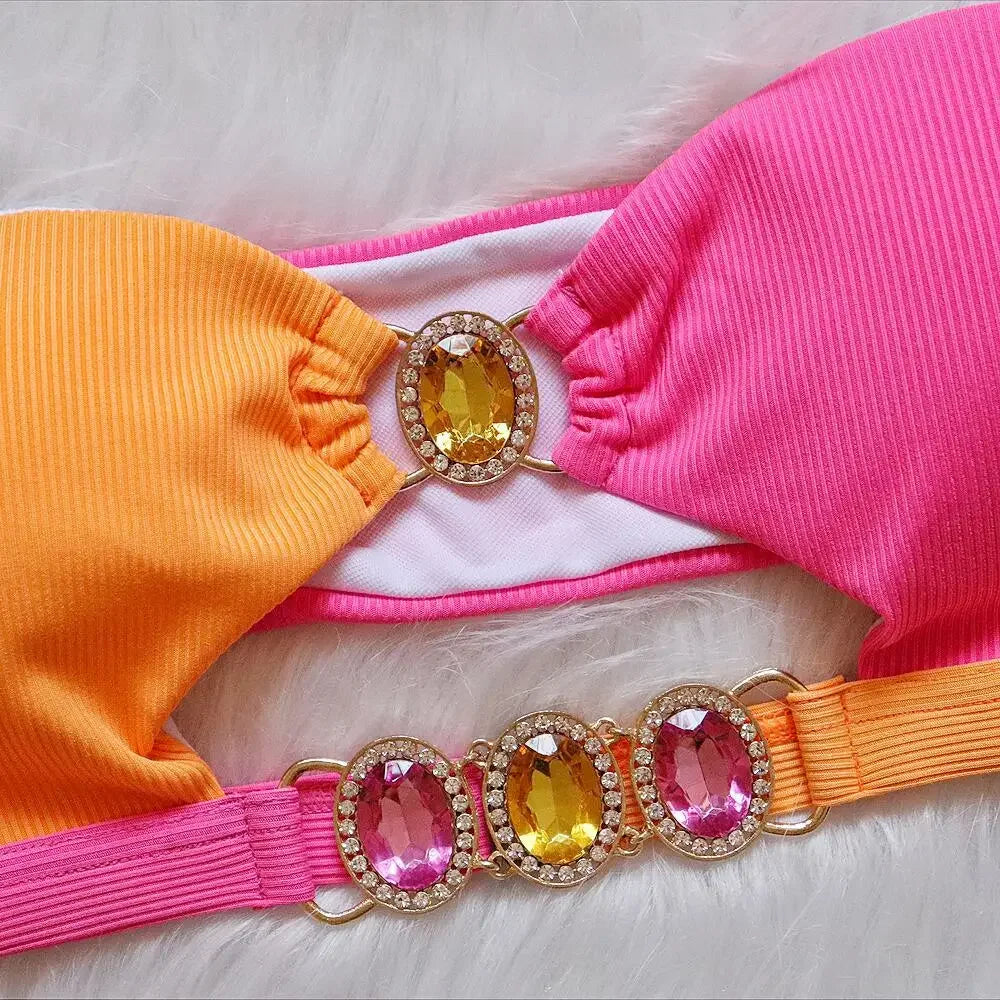 2026 Sexy Bikini Bandeau Women Crystal Diamond Patchwork Hollow Swimwear Swimsuit Bikinis Set Bathing Suit Bikini Female Push Up