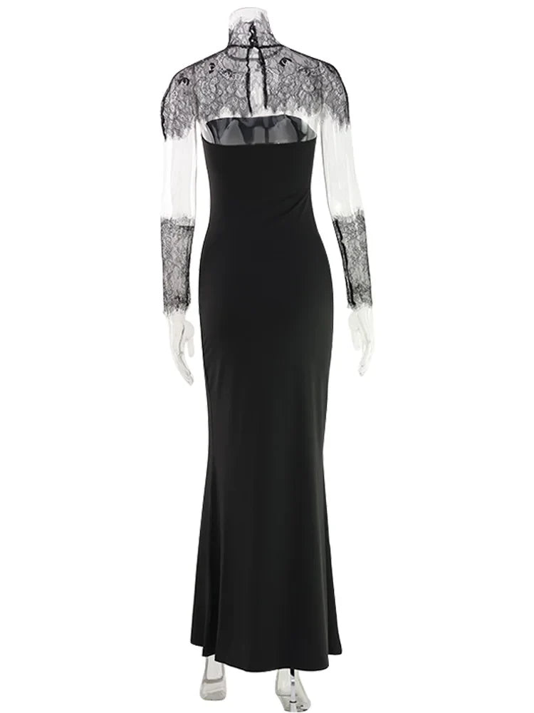 Ahagaga Sexy Women's Maxi Dresses With Lace Shawl Solid Strapless Sheath Slim Fit Fashion Gloves Summer Female Party Vestidos