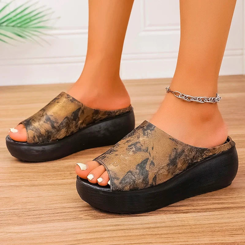 Vintage Printing Wedges Slippers Women Plus Size 44 Peep Toe Wedges Sandals Woman Lightweight Thick Sole Beach Sandles Summer