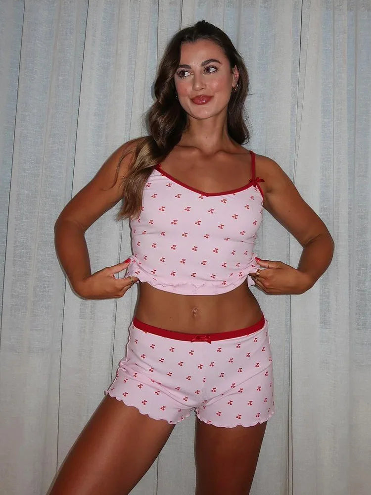Women’s Kawaii 2 Piece Pajama Set Cherry Print Sleeveless Cami Top and Shorts Soft Sleepwear Loungewear Nightwear Outfit