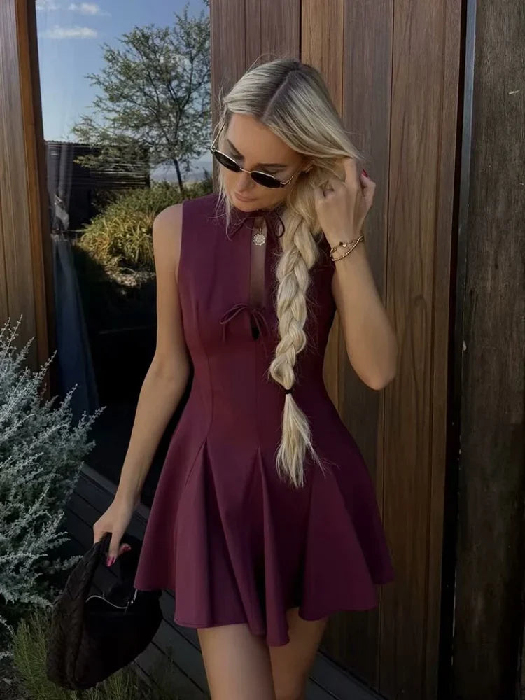 Foridol Bowknot Pleated Short Dress for Women O Neck Sleeveless Tank Mini Party Dresses Summer Spring 2025 New in Casual Vestido