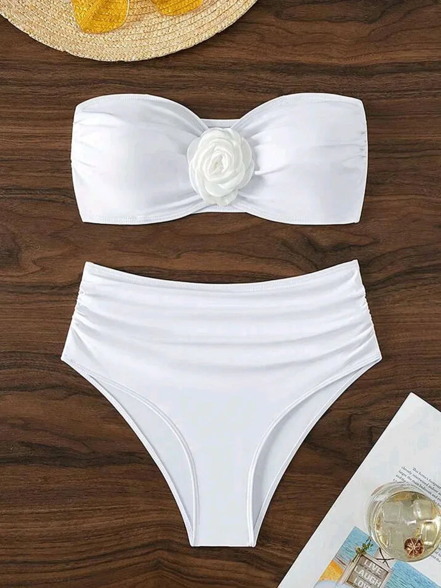 XS - XL 3D Flower Female Bandeau Swimsuit High Waist Bikini Women Swimwear Two-pieces Bikini Set Bather Bathing Suit Swim Lady