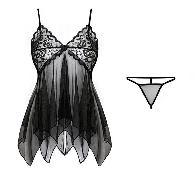Mini Gauze Sheer Nightgown Set Women Sexy Lingerie Ultra-Short Hot Drees Summer Body Suit Spaghetti Strap Pajamas With G-string