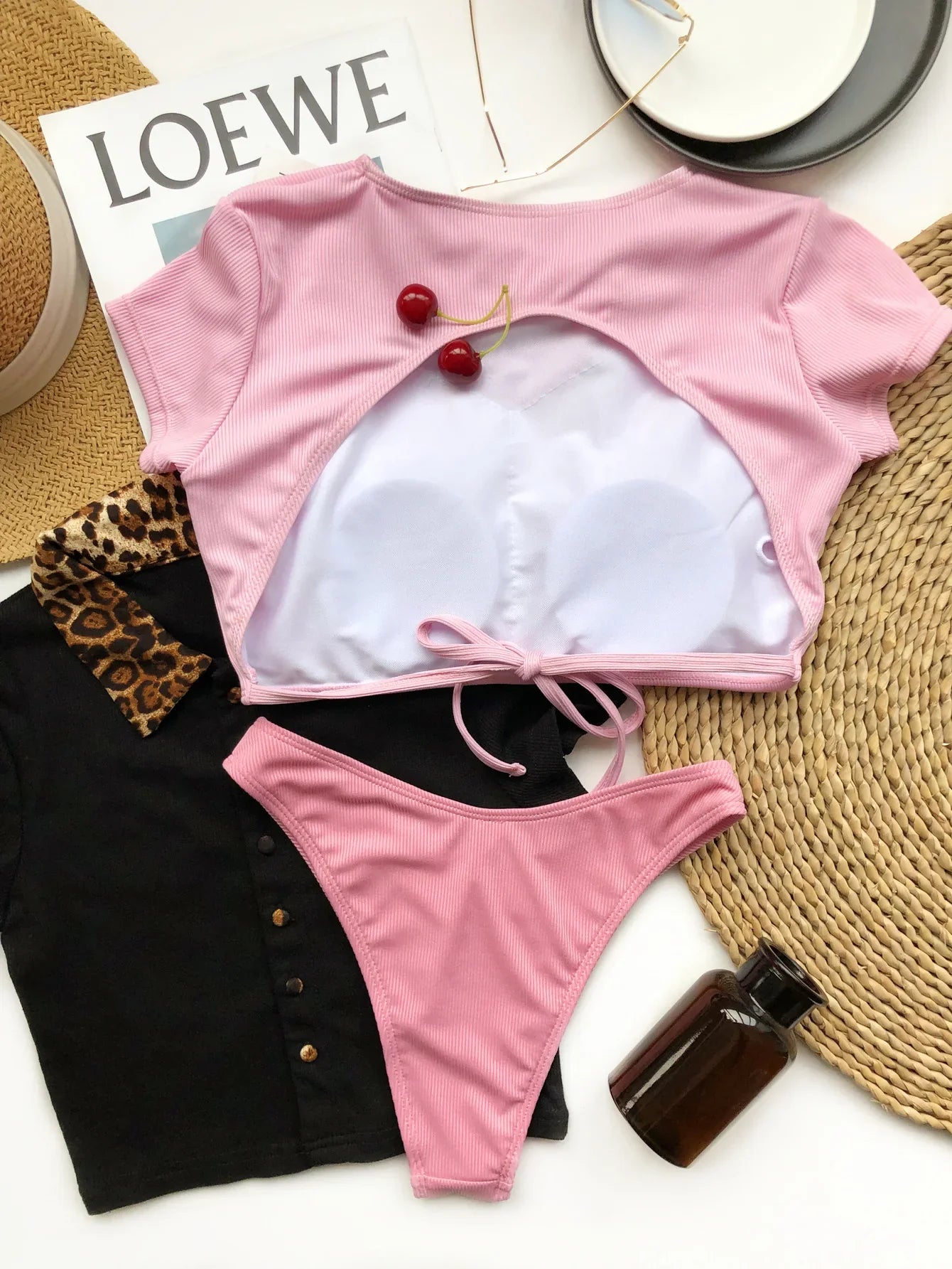 Sexy Bikini Women 2-Piece Swimwear Swimsuit Backless Solid Short Sleeve Female Beach Bikinis Set Bathing Suit Banadores Mujer