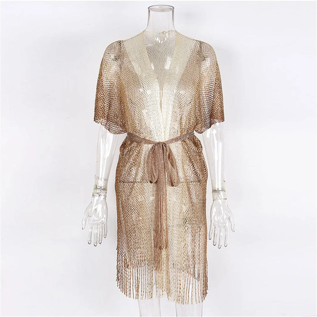 Sexy With Belt Fringe Tassel Crochet Knitted Tunic Beach Cover Up Cover-ups Beach Dress Beach Wear Beachwear Female Women V4649
