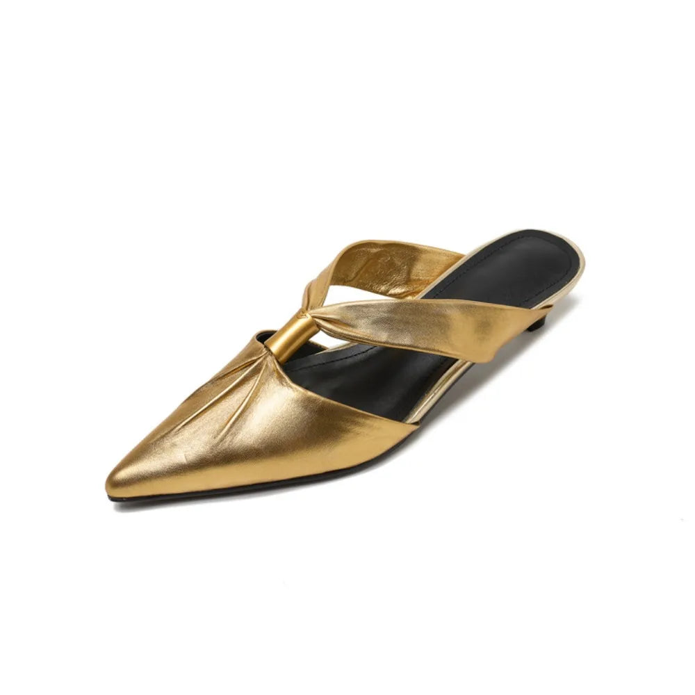 2026 Summer New Brand Women Slipper Fashion Pointed Toe Slip On Slides Low Heel Ladies Elegant Mules Sandals Top quality  Gold