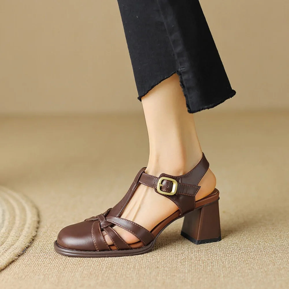Women's Roman Gladiator Sandals Summer New Khaki Brown Hollow Out T-Strap High Heels Korean Top Quality Mary Jances Sandals