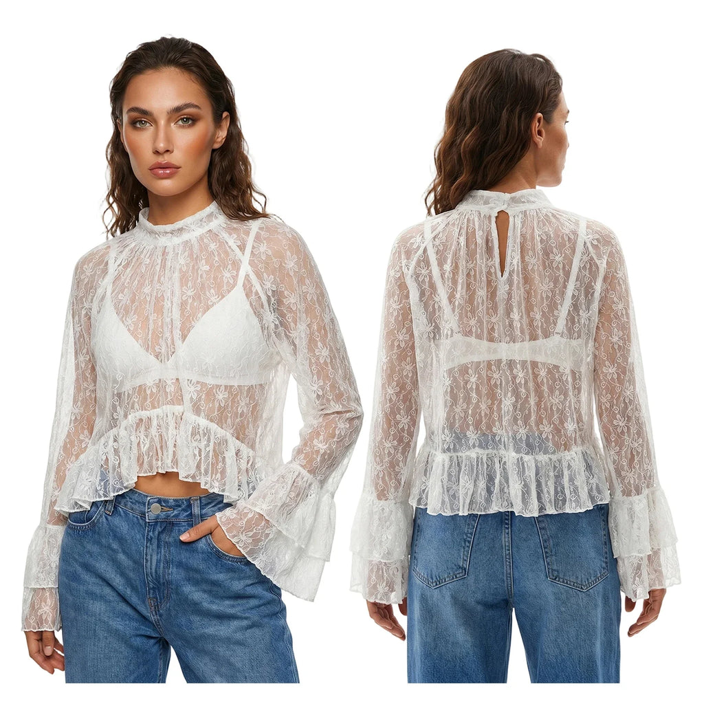 Womens Lace Floral Sheer Blouse Flare Long Sleeve Mock Neck Ruffle Peplum Hem Cropped Shirts Elegant Sexy Cover-ups Tops