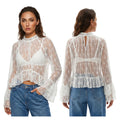 Womens Lace Floral Sheer Blouse Flare Long Sleeve Mock Neck Ruffle Peplum Hem Cropped Shirts Elegant Sexy Cover-ups Tops