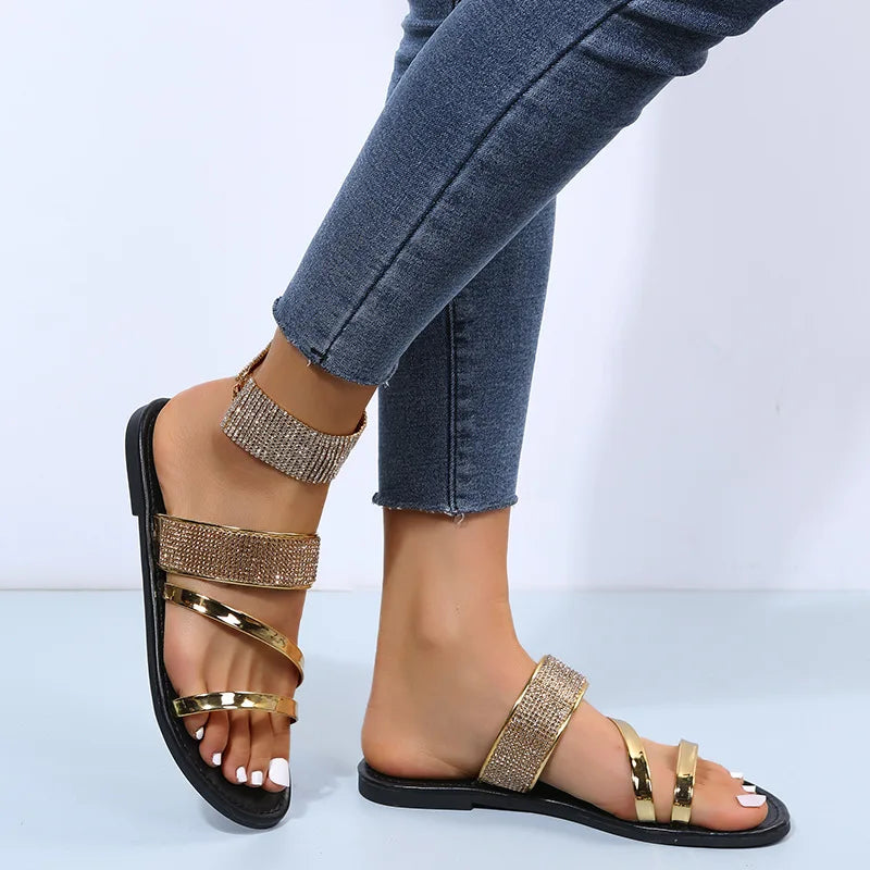 Sparkling Rhinestone Slides for Women - Comfy Open Toe Flats for Indoor & Outdoor Wear 2026 New
